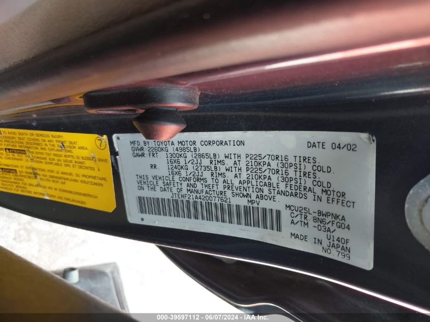2002 Toyota Highlander V6 VIN: JTEHF21A420077621 Lot: 39597112