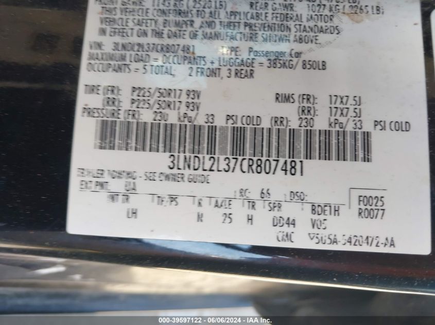 2012 Lincoln Mkz Hybrid VIN: 3LNDL2L37CR807481 Lot: 39597122