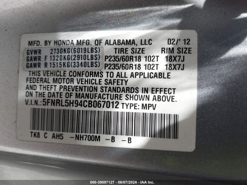 2012 Honda Odyssey Touring/Touring Elite VIN: 5FNRL5H94CB067012 Lot: 39597127