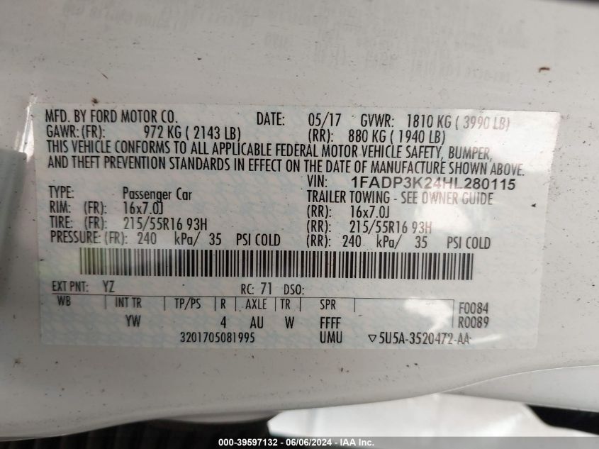 2017 Ford Focus Se VIN: 1FADP3K24HL280115 Lot: 39597132