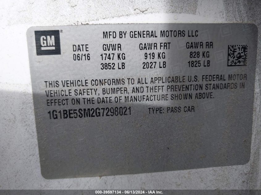 2016 Chevrolet Cruze Lt Auto VIN: 1G1BE5SM2G7298021 Lot: 39597134