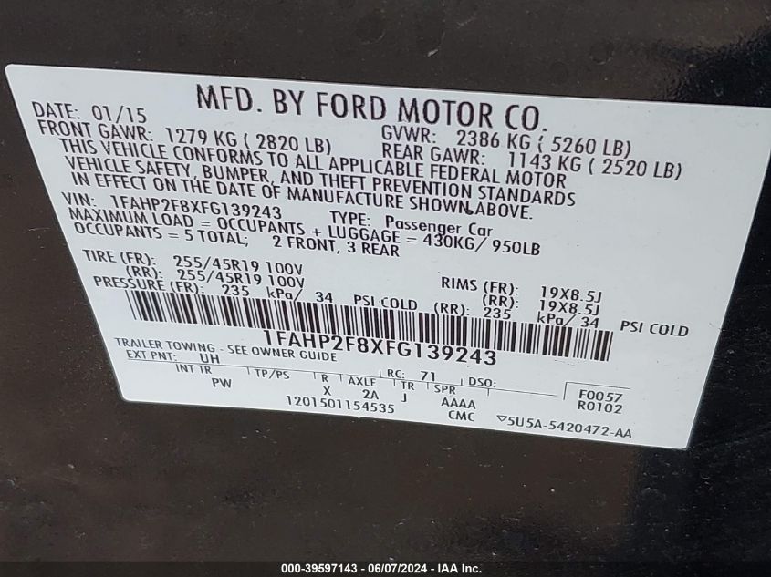 2015 Ford Taurus Limited VIN: 1FAHP2F8XFG139243 Lot: 39597143