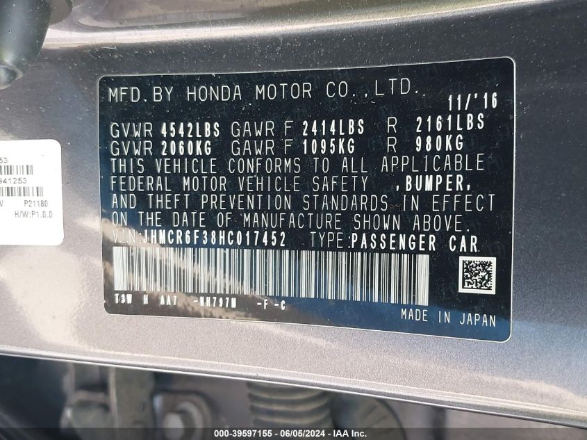 JHMCR6F38HC017452 | 2017 HONDA ACCORD HYBRID