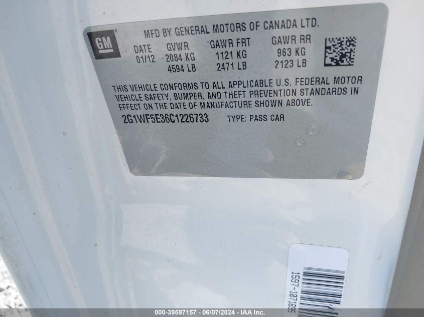 2012 Chevrolet Impala Ls VIN: 2G1WF5E36C1226733 Lot: 39597157
