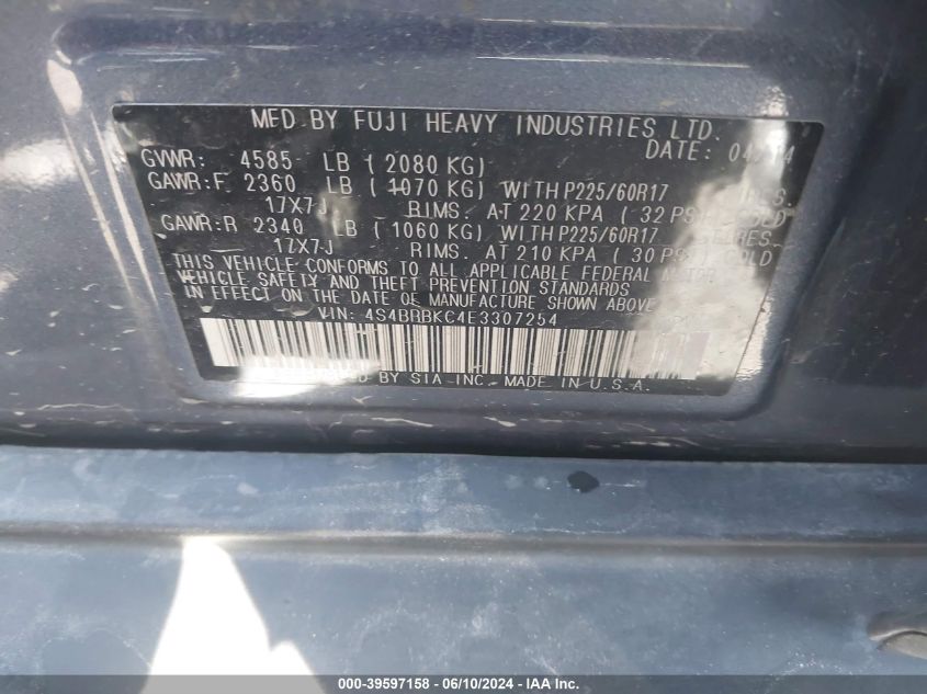 2014 Subaru Outback 2.5I Limited VIN: 4S4BRBKC4E3307254 Lot: 39597158