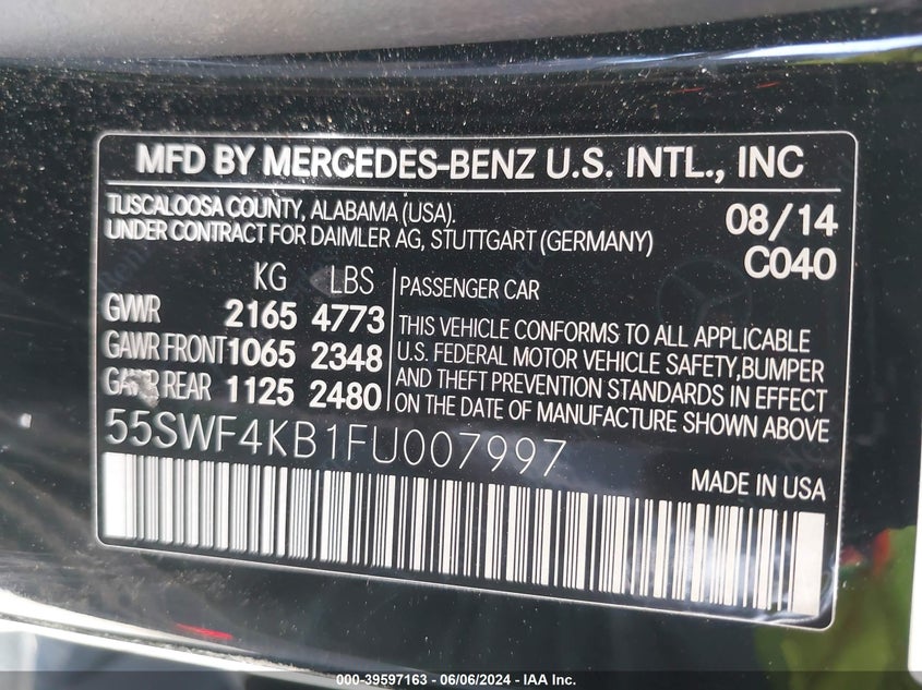 2015 Mercedes-Benz C 300 4Matic/Luxury 4Matic/Sport 4Matic VIN: 55SWF4KB1FU007997 Lot: 39597163