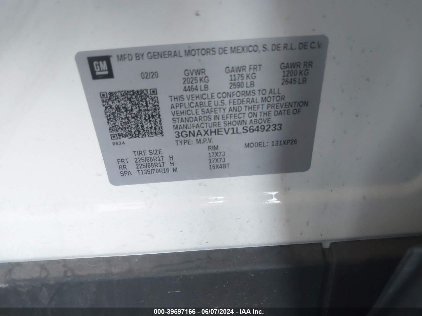 2020 Chevrolet Equinox Fwd Ls VIN: 3GNAXHEV1LS649233 Lot: 39597166