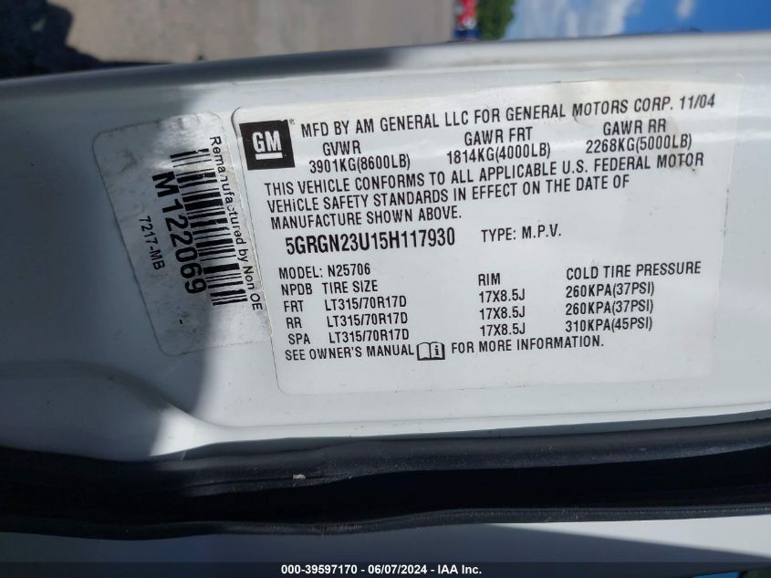2005 Hummer H2 Suv VIN: 5GRGN23U15H117930 Lot: 39597170