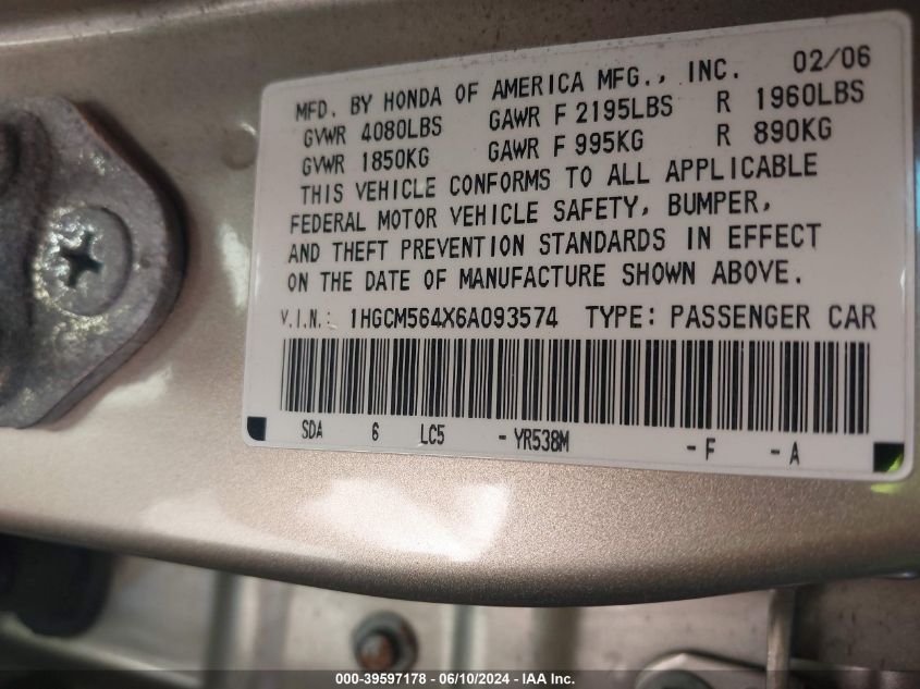 2006 Honda Accord 2.4 Lx VIN: 1HGCM564X6A093574 Lot: 39597178