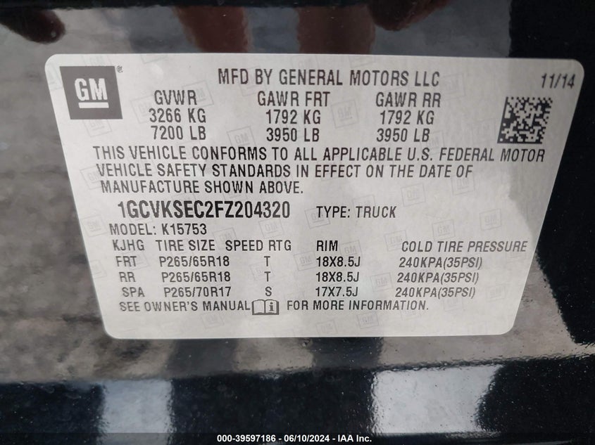 2015 Chevrolet Silverado 1500 2Lz VIN: 1GCVKSEC2FZ204320 Lot: 39597186