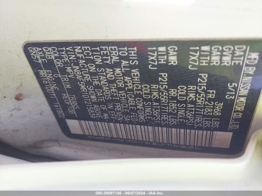 2013 Nissan Juke Sv VIN: JN8AF5MR1DT215839 Lot: 39597188