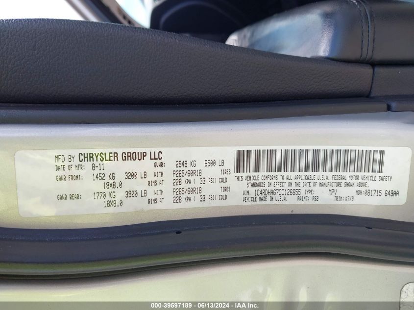 2012 Dodge Durango Sxt VIN: 1C4RDHAG7CC126655 Lot: 39597189