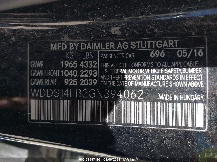 2016 Mercedes-Benz Cla 250 VIN: WDDSJ4EB2GN394062 Lot: 39597193