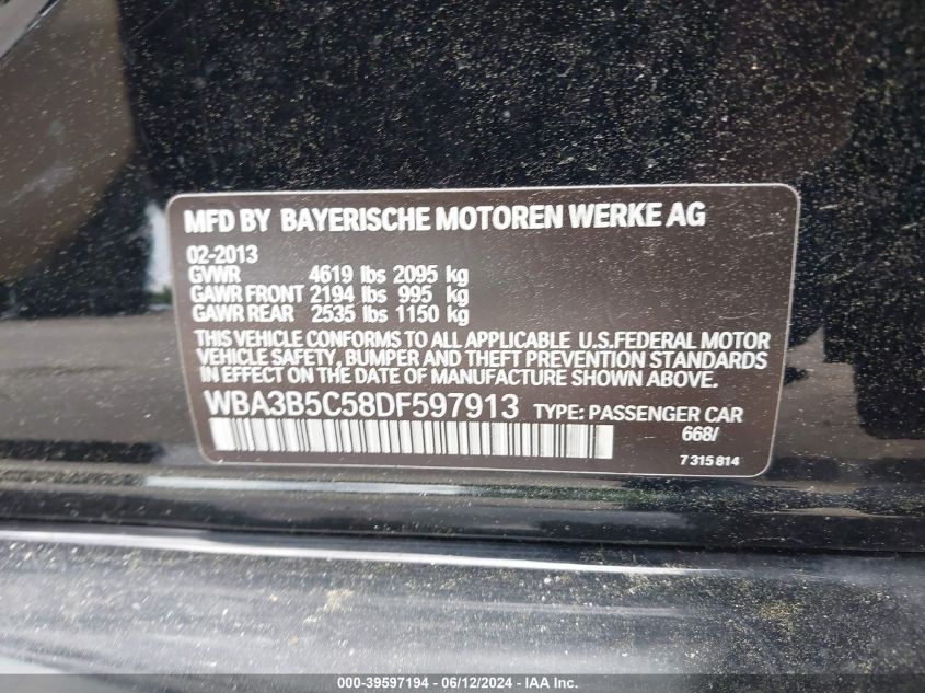 2013 BMW 328I xDrive VIN: WBA3B5C58DF597913 Lot: 39597194