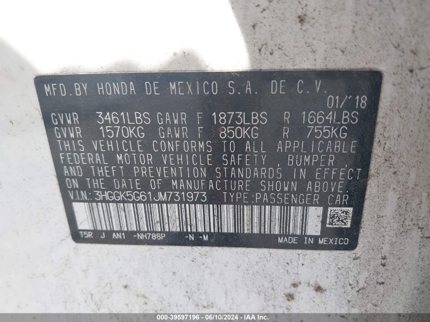 2018 Honda Fit Sport VIN: 3HGGK5G61JM731973 Lot: 39597196