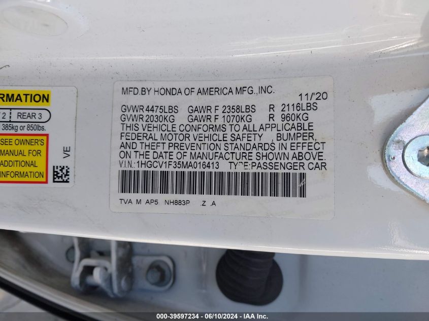 2021 Honda Accord Sport VIN: 1HGCV1F35MA016413 Lot: 39597234