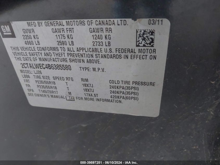 2011 GMC Terrain Slt-2 VIN: 2CTALWEC4B6385580 Lot: 39597251