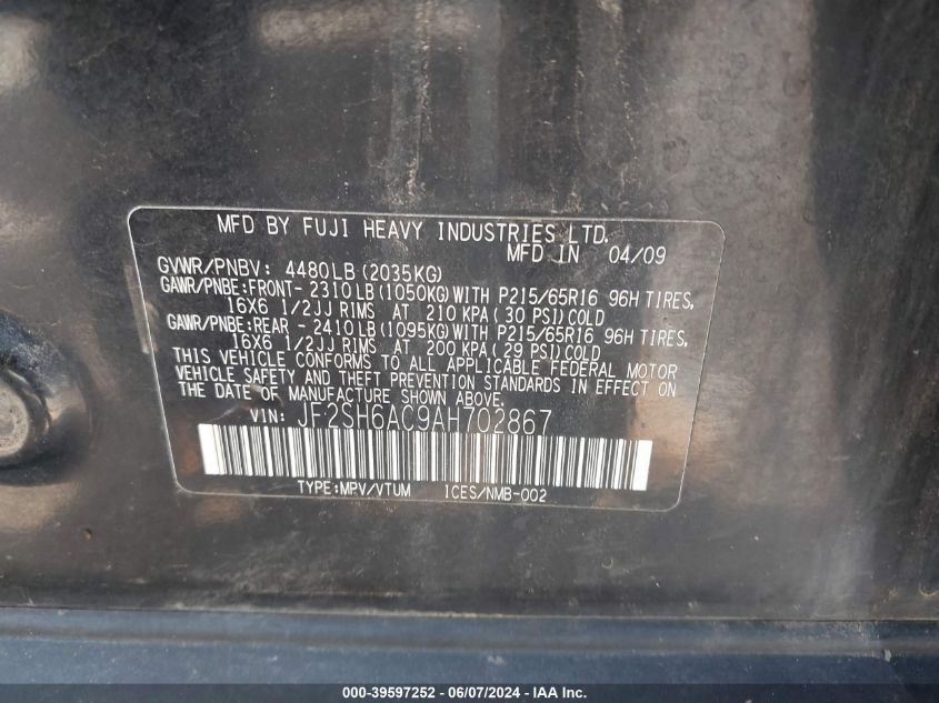 2010 Subaru Forester 2.5X VIN: JF2SH6AC9AH702867 Lot: 39597252