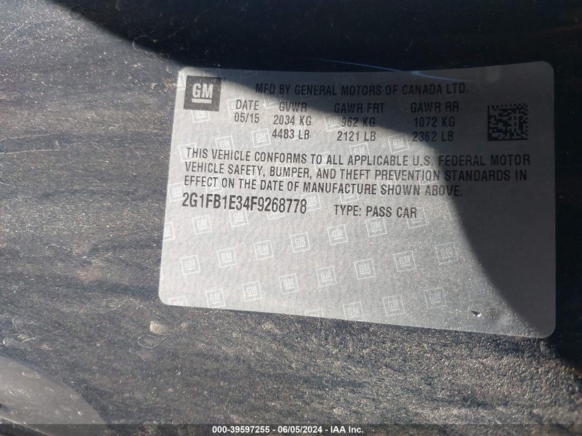 2015 Chevrolet Camaro 2Ls VIN: 2G1FB1E34F9268778 Lot: 39597255