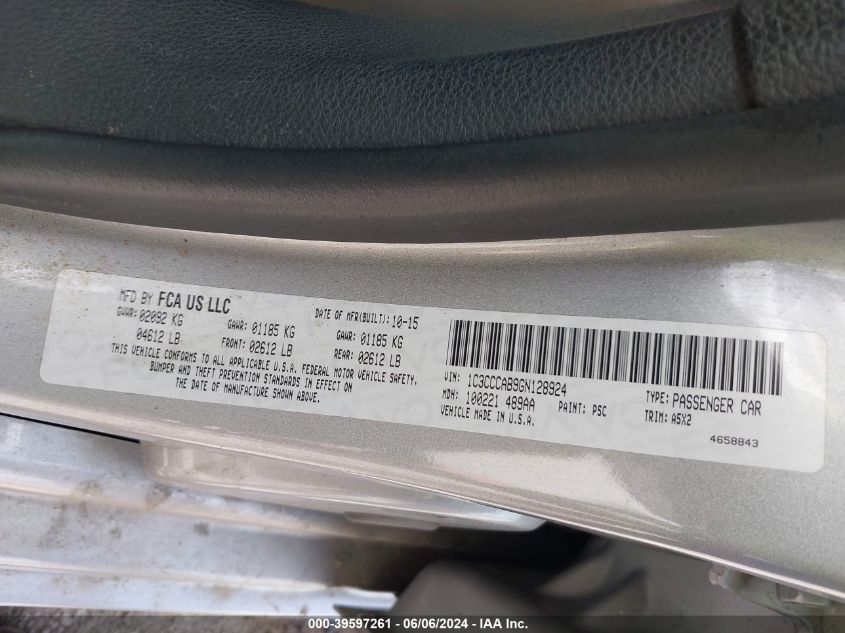 2016 Chrysler 200 Limited VIN: 1C3CCCAB9GN128924 Lot: 39597261