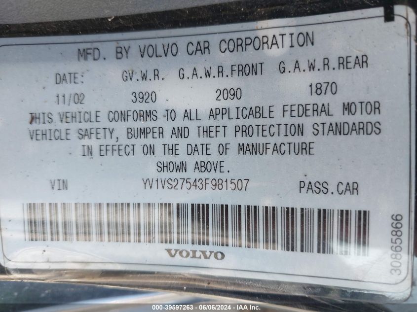 2003 Volvo S40 A VIN: YV1VS27543F981507 Lot: 39597263