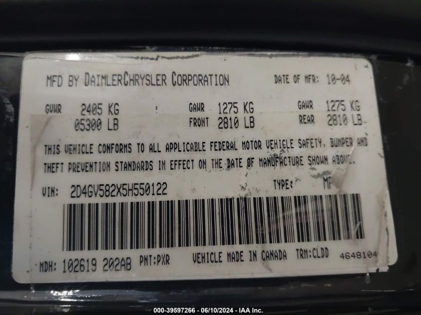 2005 Dodge Magnum Rt VIN: 2D4GV582X5H550122 Lot: 39597266
