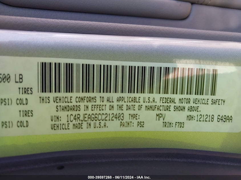 2012 Jeep Grand Cherokee Laredo VIN: 1C4RJEAG6CC212403 Lot: 39597268
