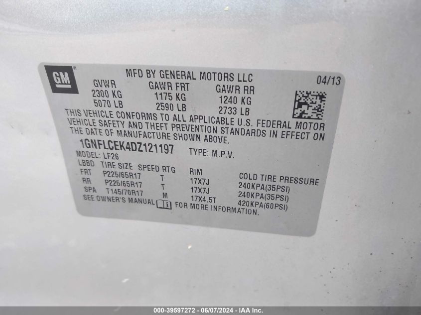 2013 Chevrolet Equinox Ls VIN: 1GNFLCEK4DZ121197 Lot: 39597272