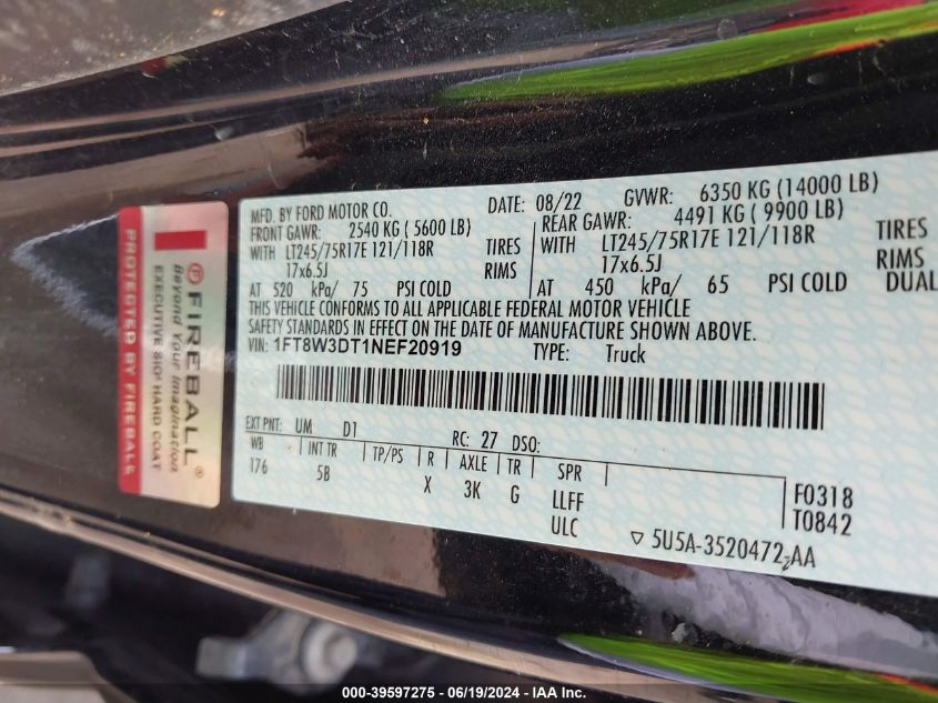 2022 Ford F-350 Lariat VIN: 1FT8W3DT1NEF20919 Lot: 39597275