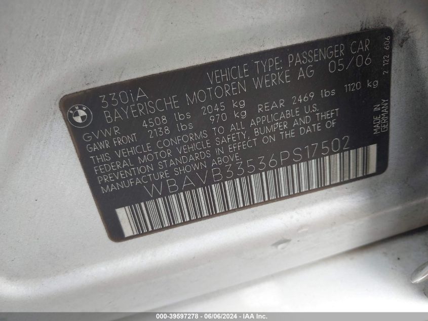 2006 BMW 330I VIN: WBAVB33536PS17502 Lot: 39597278