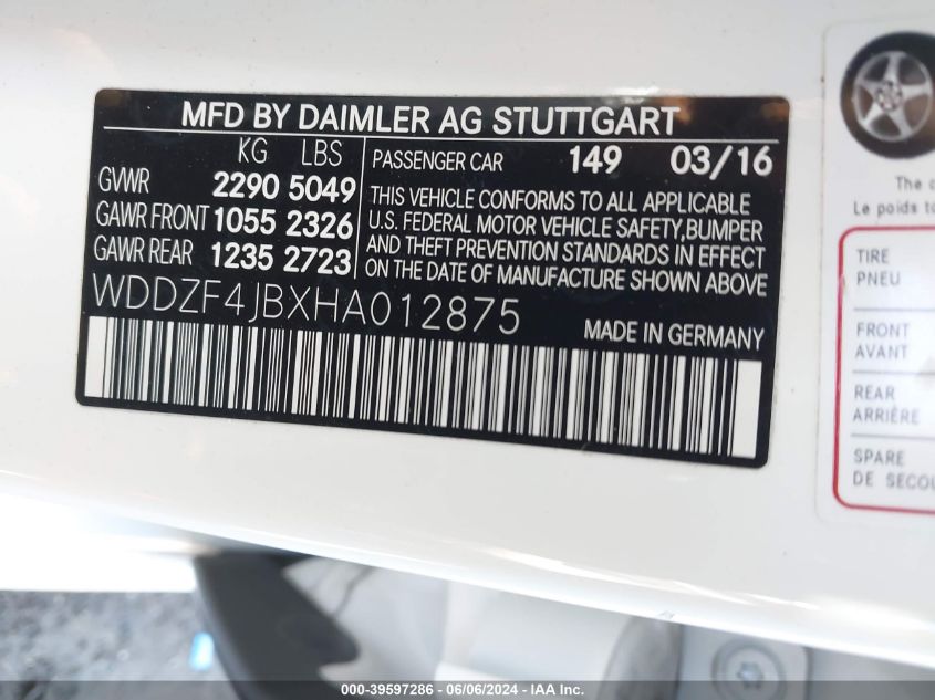 2017 Mercedes-Benz E 300 VIN: WDDZF4JBXHA012875 Lot: 39597286