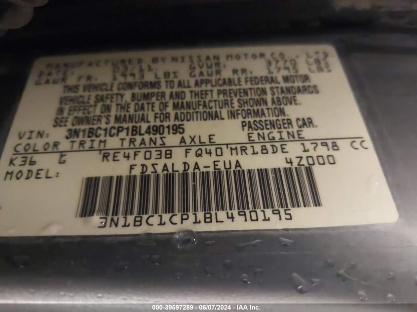 2011 Nissan Versa 1.8S VIN: 3N1BC1CP1BL490195 Lot: 39597289