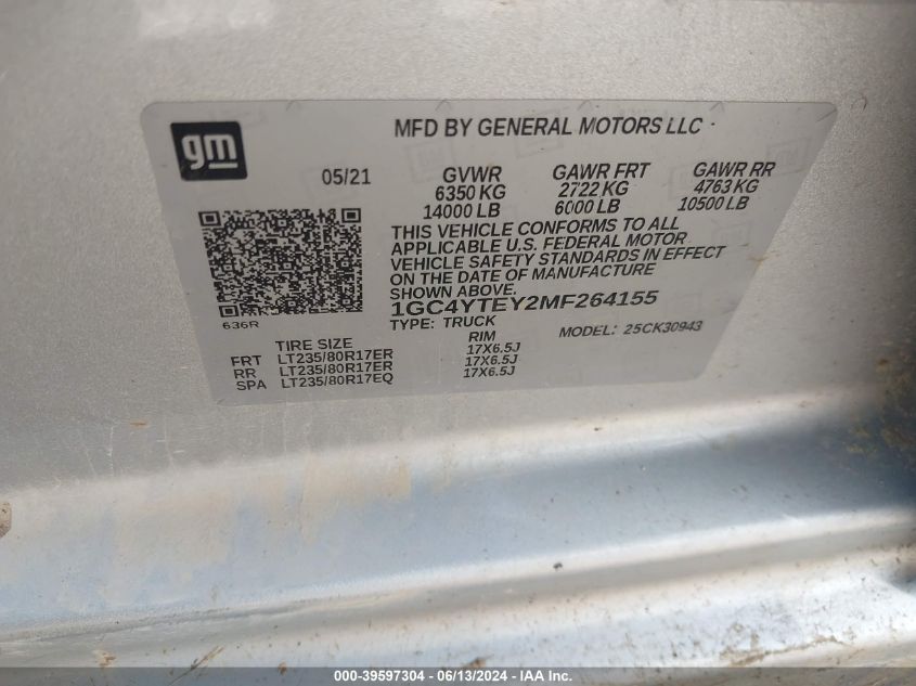 2021 Chevrolet Silverado 3500Hd 4Wd Long Bed Lt VIN: 1GC4YTEY2MF264155 Lot: 39597304