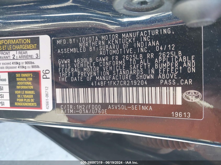 2012 Toyota Camry Le VIN: 4T4BF1FK7CR219204 Lot: 39597319