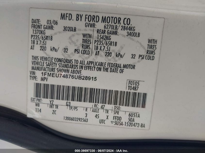 2006 Ford Explorer Eddie Bauer VIN: 1FMEU74876UB28915 Lot: 39597330