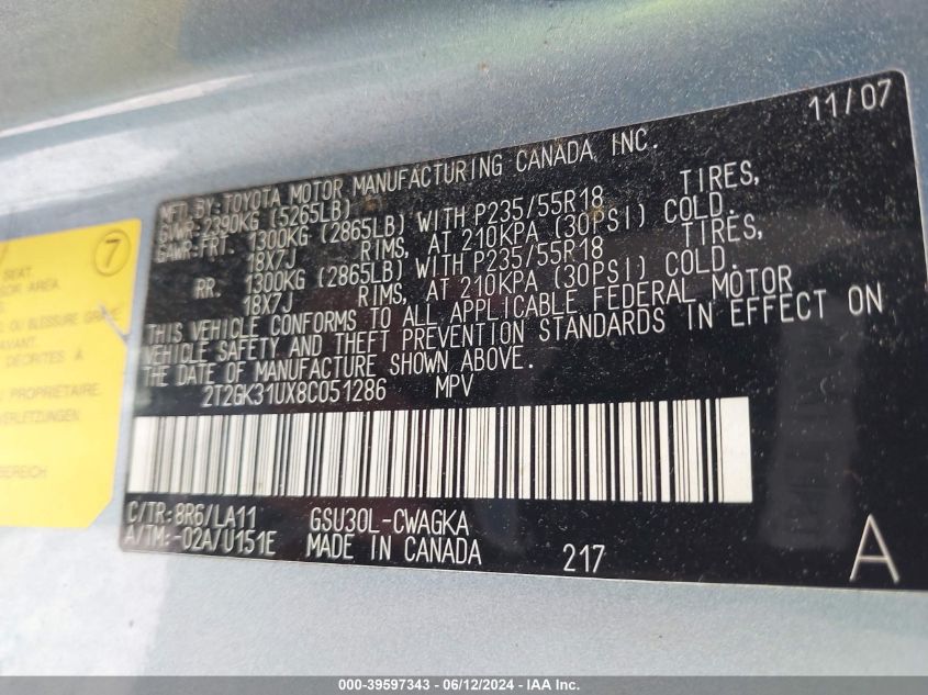 2008 Lexus Rx 350 VIN: 2T2GK31UX8C051286 Lot: 39597343