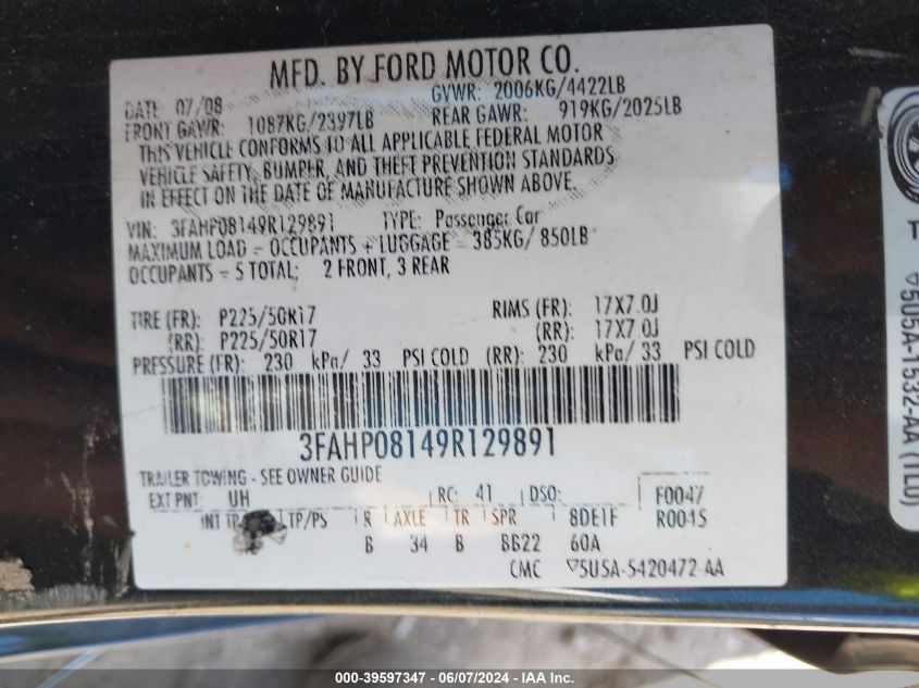 2009 Ford Fusion Sel VIN: 3FAHP08149R129891 Lot: 39597347
