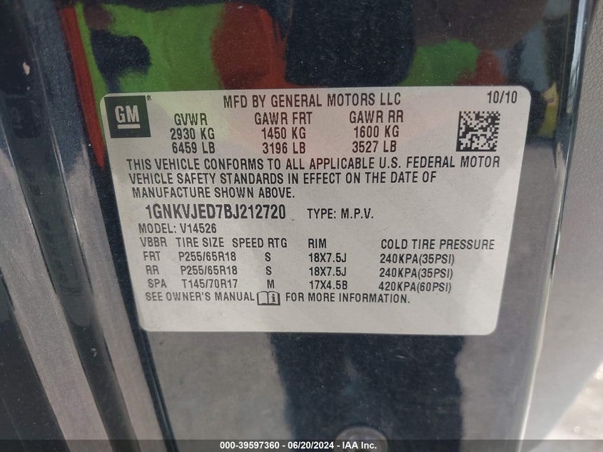 2011 Chevrolet Traverse 2Lt VIN: 1GNKVJED7BJ212720 Lot: 39597360