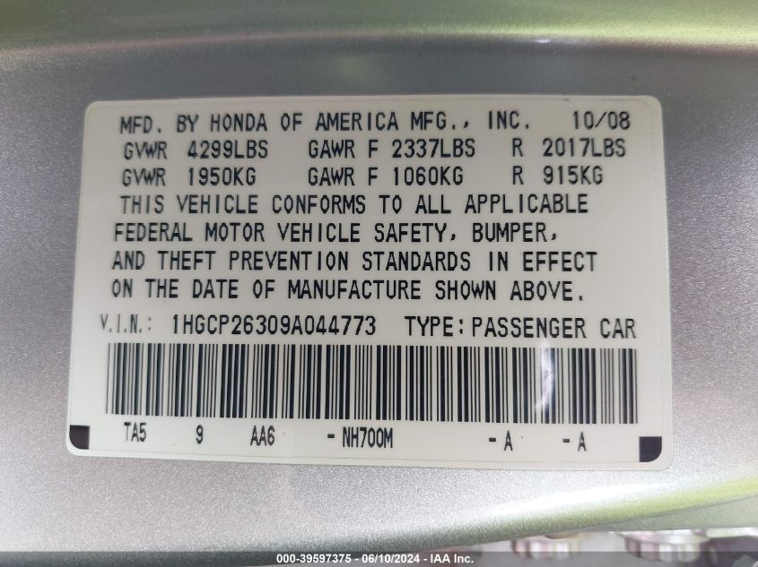 2009 Honda Accord 2.4 Lx VIN: 1HGCP26309A044773 Lot: 39597375