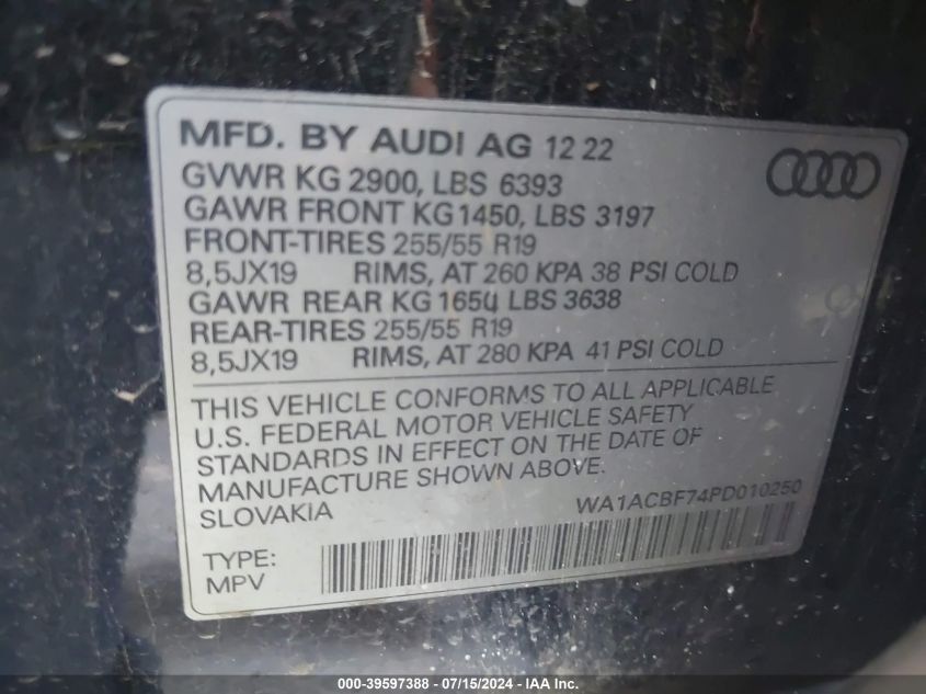 2023 Audi Q7 Premium 45 Tfsi Quattro Tiptronic VIN: WA1ACBF74PD010250 Lot: 39597388