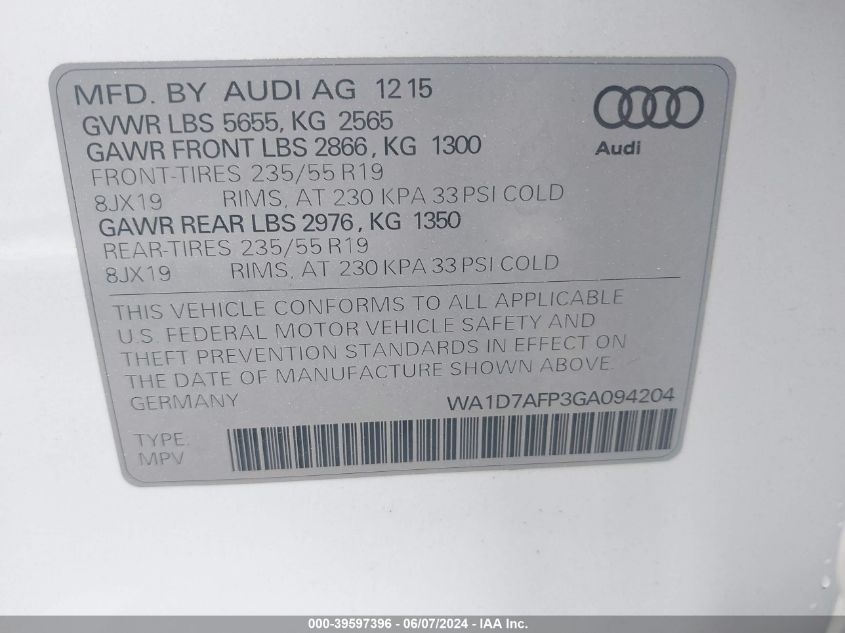 2016 Audi Q5 3.0T Premium Plus VIN: WA1D7AFP3GA094204 Lot: 39597396