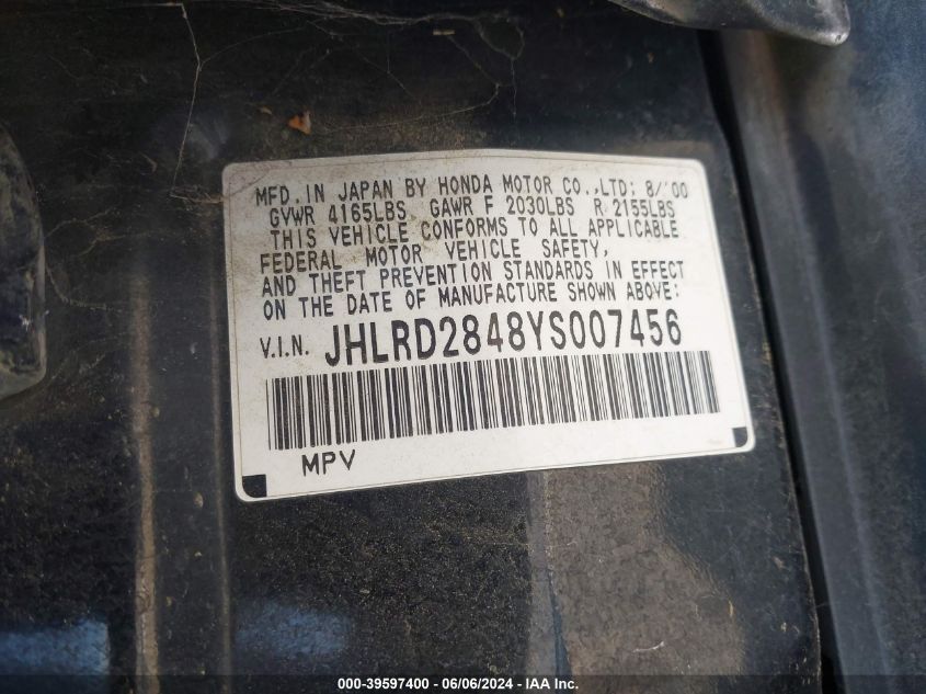 2000 Honda Cr-V Lx VIN: JHLRD2848YS007456 Lot: 39597400