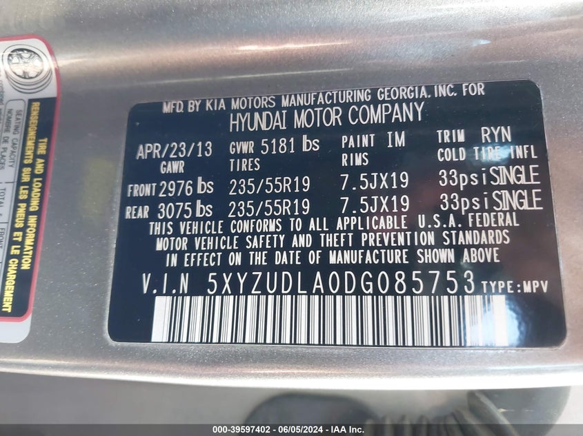 2013 Hyundai Santa Fe Sport 2.0T VIN: 5XYZUDLA0DG085753 Lot: 39597402