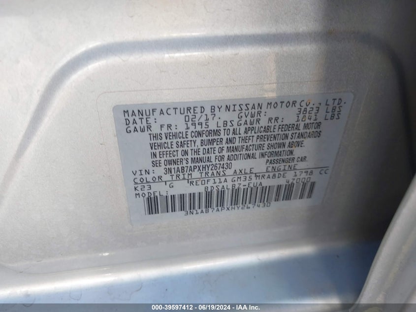 2017 Nissan Sentra S VIN: 3N1AB7APXHY267430 Lot: 39597412