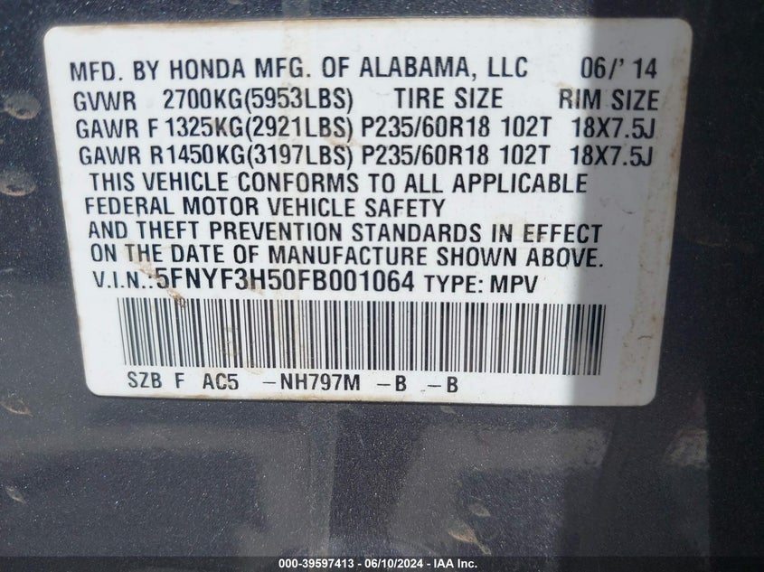 2015 Honda Pilot Ex-L VIN: 5FNYF3H50FB001064 Lot: 39597413