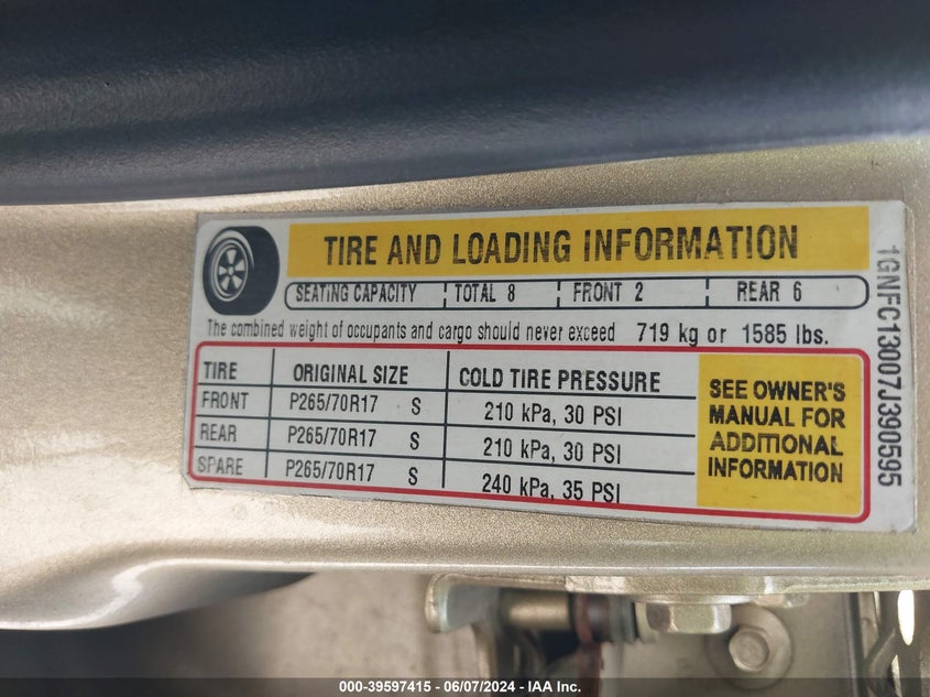 2007 Chevrolet Tahoe Lt VIN: 1GNFC13007J390595 Lot: 39597415