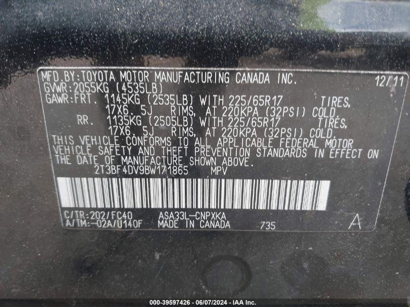 2011 Toyota Rav4 VIN: 2T3BF4DV9BW171865 Lot: 39597426