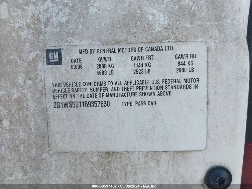 2006 Chevrolet Impala Police VIN: 2G1WS551169357830 Lot: 39597437