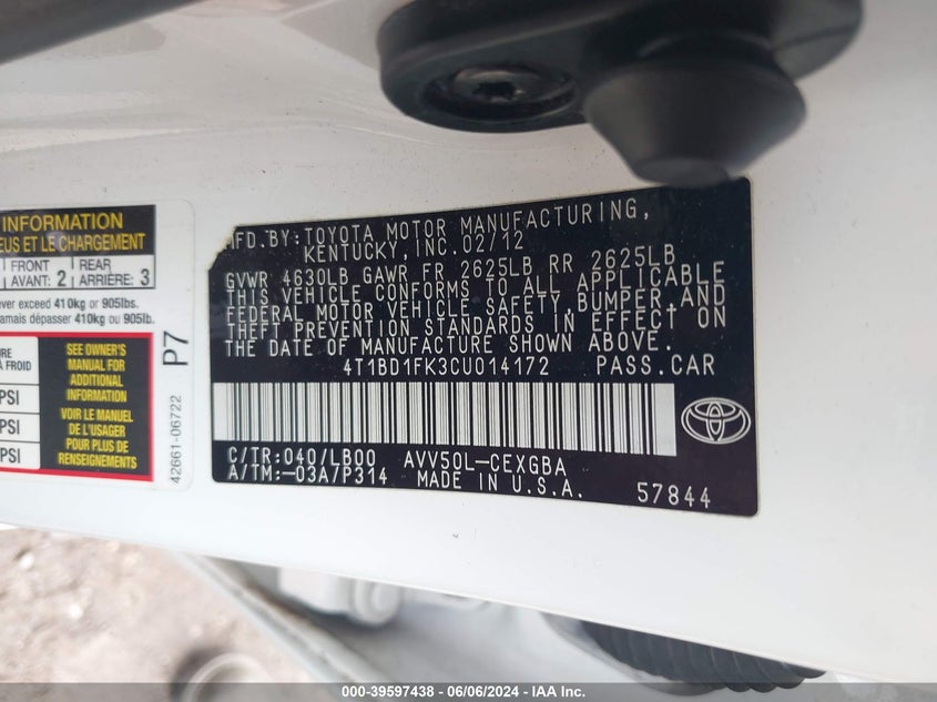 2012 Toyota Camry Hybrid Xle VIN: 4T1BD1FK3CU014172 Lot: 39597438