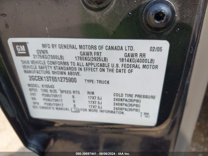 2005 Chevrolet Silverado 1500 Z71 VIN: 2GCEK13T651275900 Lot: 39597441
